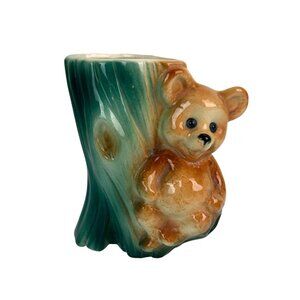 Vintage Royal Copley Bear & Tree Trunk Planter Vase Green Brown Animal Decor